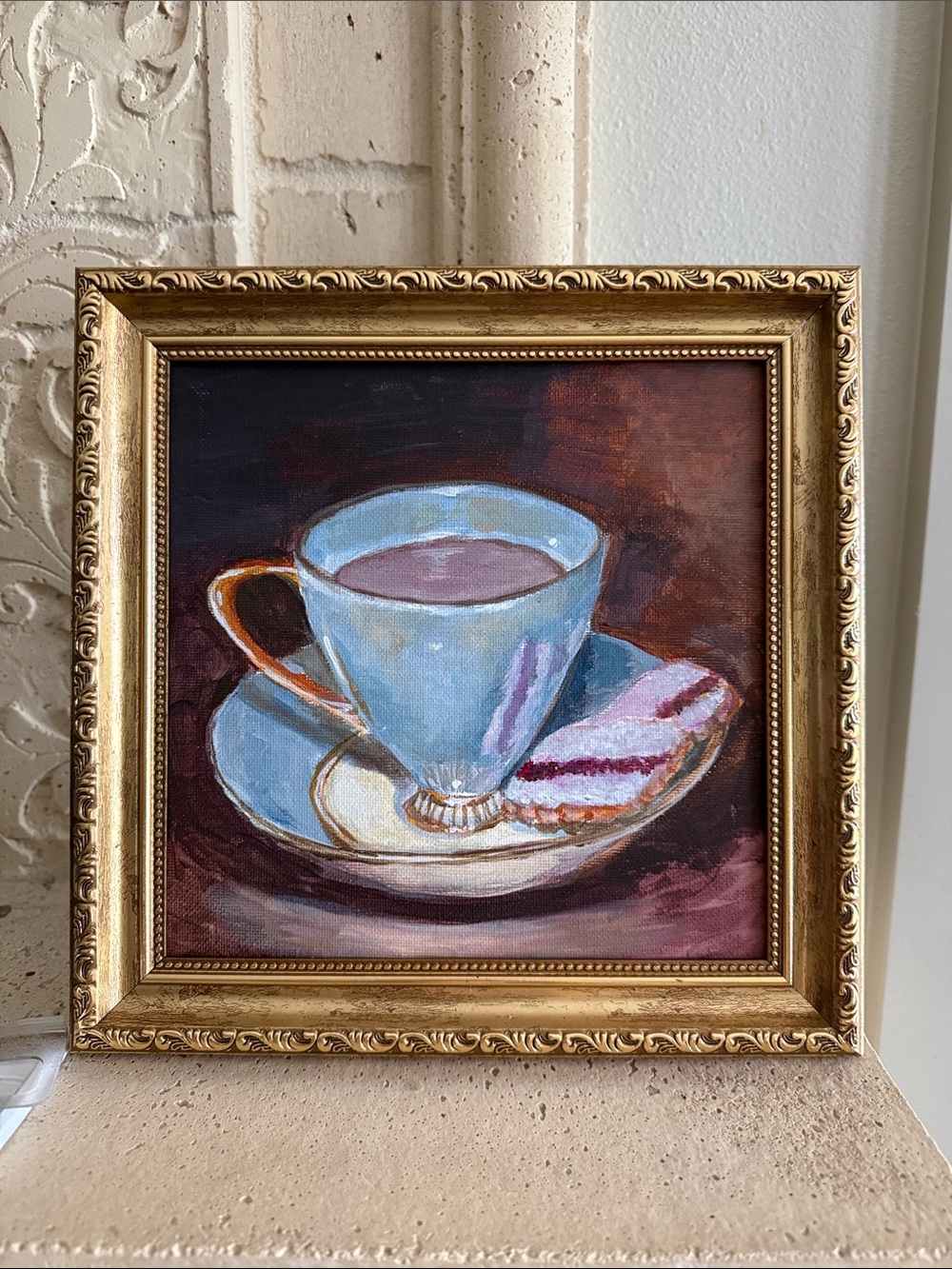 Elegant Blue Teacup Acrylic and Oil Canvas Painting 8”x8”